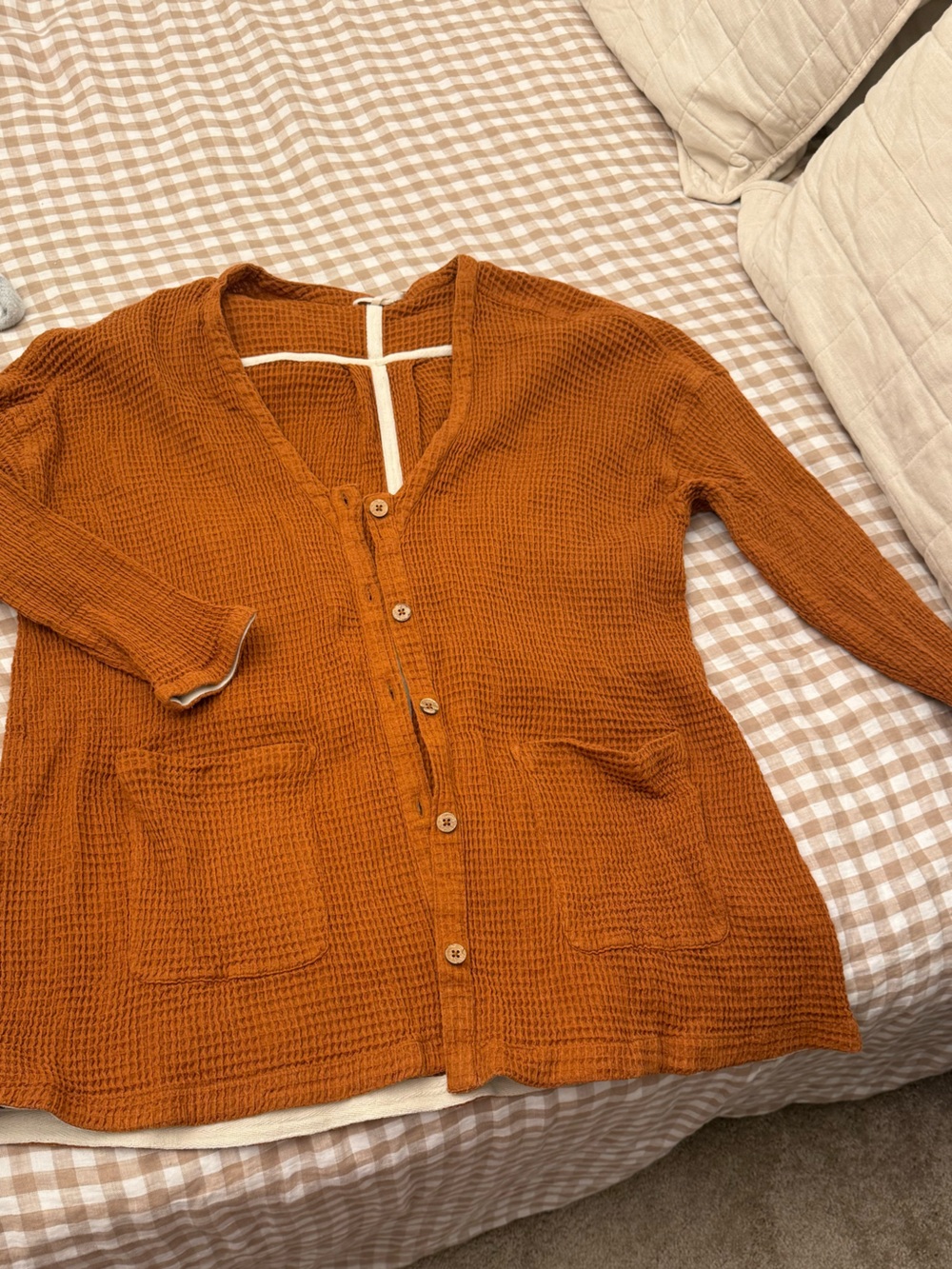 Free People Waffle Knit Button-Up Cardigan in Rust Orange